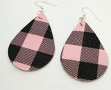 Soft Leather Pink and Black Plaid Teardrop Earrings
