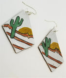 Silver Foil Real Leather Earrings with Hand Illustrated Southwestern Landscape OOAK