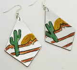 Silver Foil Real Leather Earrings with Hand Illustrated Southwestern Landscape OOAK