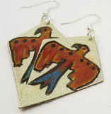 Silver Foil Real Leather Earrings with Hand Illustrated Thunderbird OOAK