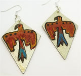 Silver Foil Real Leather Earrings with Hand Illustrated Thunderbird OOAK
