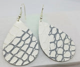 White Embossed Tear Drop Shaped Leather Earrings with Silver Coloring