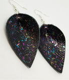 Black Real Leather Leaf Earrings with Funfetti Glitter