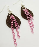Brown Teardrop Suede Leather Earrings with Pink Chain Dangles