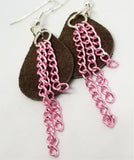 Brown Teardrop Suede Leather Earrings with Pink Chain Dangles