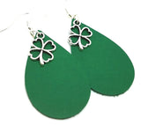 Green Teardrop Leather Earrings with Shamrock Charms