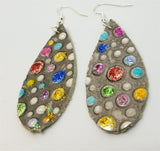 Teardrop Shaped Embossed Colored Glitter Polka Dot Leather Earrings