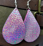 Pink with Crackle Holographic Finish Real Leather Teardrop Shaped Earrings