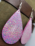 Pink with Crackle Holographic Finish Real Leather Teardrop Shaped Earrings