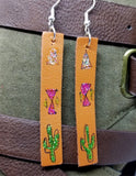 Hand Painted Southwestern Themed on Brown Real Leather Strip Earrings