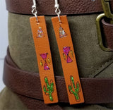 Hand Painted Southwestern Themed on Brown Real Leather Strip Earrings