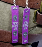 Hand Painted Biker or Gothic Themed on Purple Real Leather Strip Earrings