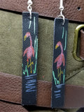 Hand Painted Flamingo on Black Real Leather Strip Earrings