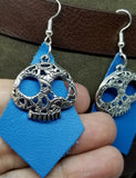 Blue Kite Shaped Real Leather Earrings with Ornate Skull Charms