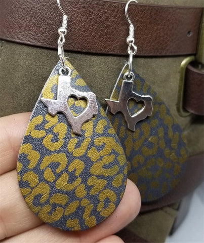Bronze Leopard Print Teardrop Shaped Leather Earrings with a Texas Charm Overlay