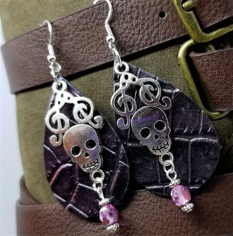 Iridescent and Embossed Real Leather Teardrop Shaped Earrings with a Skull and Clef Note Charms and Czech Glass Bead Dangle