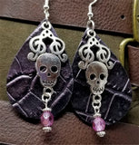 Iridescent and Embossed Real Leather Teardrop Shaped Earrings with a Skull and Clef Note Charms and Czech Glass Bead Dangle