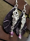 Iridescent and Embossed Real Leather Teardrop Shaped Earrings with a Skull and Clef Note Charms and Czech Glass Bead Dangle