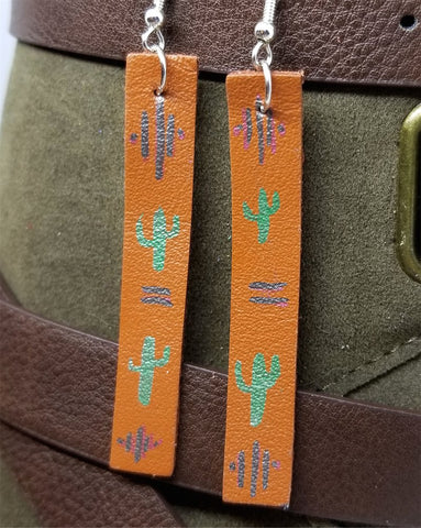 Hand Painted Cactus Southwestern Themed on Brown Real Leather Strip Earrings