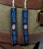 Hand Painted Patterned Glitter Themed on Black Real Leather Strip Earrings