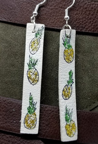 Pineapple Themed Hand Painted Off White Real Leather Strip Earrings