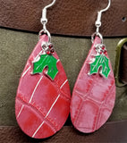 Red Embossed Tear Drop Shaped Leather Earrings with Holly Charm Overlay