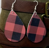 Soft Leather Red and Black Plaid Teardrop Earrings with Surgical Steel Earwires