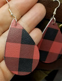 Soft Leather Red and Black Plaid Teardrop Earrings with Surgical Steel Earwires