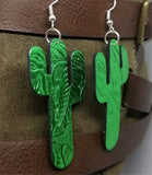 Green Metallic Cactus Shaped Real Leather Earrings