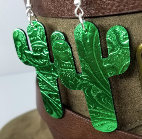 Green Metallic Cactus Shaped Real Leather Earrings