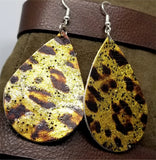 Metallic Leopard Print Teardrop Shaped REAL Leather Earrings with Glitter Topcoat