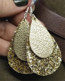 Chunky Gold Glitter Very Sparkly Double Sided FAUX Leather Teardrops with Metallic Gold Leather Teardrop Overlay Earrings