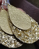 Chunky Gold Glitter Very Sparkly Double Sided FAUX Leather Teardrops with Metallic Gold Leather Teardrop Overlay Earrings