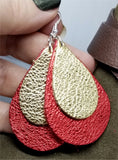 Metallic Red with Metallic Gold Overlay Tear Drop Shaped Real Leather Earrings