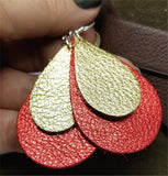 Metallic Red with Metallic Gold Overlay Tear Drop Shaped Real Leather Earrings