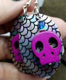 Mermaid Scales Leather Earrings with Fuchsia Magnetite Skull Beads