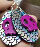 Mermaid Scales Leather Earrings with Fuchsia Magnetite Skull Beads