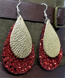 Chunky Red Glitter Very Sparkly Double Sided FAUX Leather Teardrops with Metallic Gold Leather Teardrop Overlay Earrings