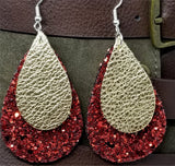 Chunky Red Glitter Very Sparkly Double Sided FAUX Leather Teardrops with Metallic Gold Leather Teardrop Overlay Earrings