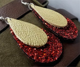 Chunky Red Glitter Very Sparkly Double Sided FAUX Leather Teardrops with Metallic Gold Leather Teardrop Overlay Earrings