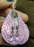Pink with Crackle Holographic Finish Real Leather Teardrop Shaped Earrings with Arrow Charm and Crystal Heart Dangle