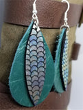 Layered Green Teardrop Leather Earrings with Mermaid Scale Patterned Leather Overlay