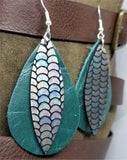 Layered Green Teardrop Leather Earrings with Mermaid Scale Patterned Leather Overlay