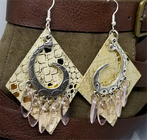 Shiny Metallic Gold Diamond Shaped Real Leather Earrings with Silver Chandelier with Glass Bead Dangles