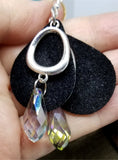 Black Teardrop Suede Leather Earrings with Round Charms and a Large Crystal Briolette Dangle