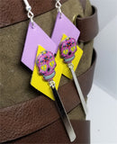 Sugar Skull Purple and Yellow Diamond Real Leather Earrings