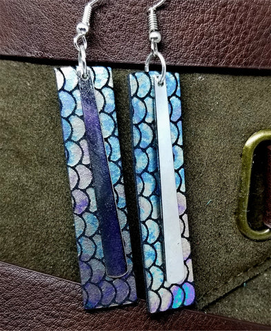 Long Rectangle Mermaid Scales Leather Earrings with Long Silver Charms