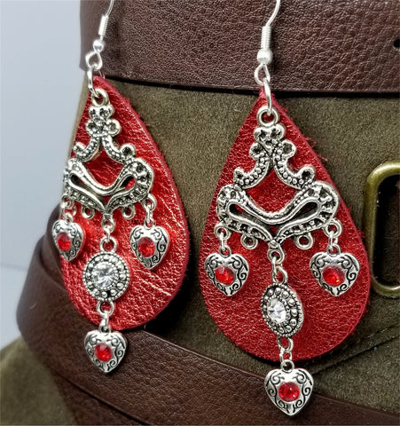 Metallic Red Real Leather Earrings with Silver Chandelier with Crystal Charm Dangles