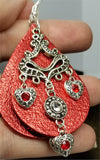 Metallic Red Real Leather Earrings with Silver Chandelier with Crystal Charm Dangles