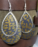 Bronze Leopard Print Teardrop Shaped Leather Earrings with a Silver Charm Overlay
